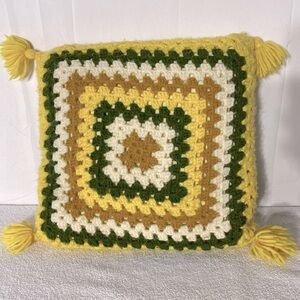 Vintage Yellow Green Crochet Granny Square Decorative Throw Accent Pillow